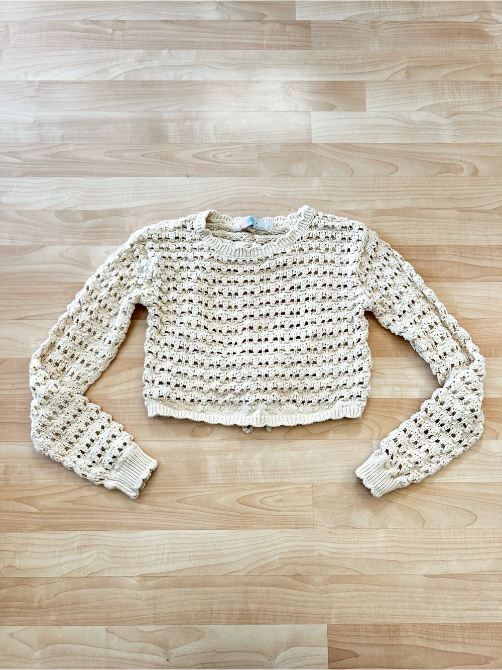 Cropped Open-Weave Crewneck Sweater in Cream